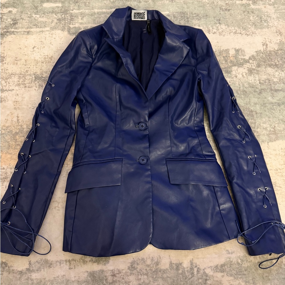Reclaimed Vintage Royal Blue Faux Leather Lace-Up Blazer